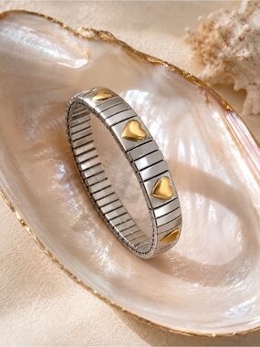 Two-Tone Heart Stretch Bracelet Silver Gold Jewelry